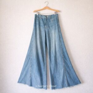 Raw Hem Boho Extreme Wide Flare Leg Jeans 34x33 Festival Indie Artsy Retro